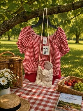Love Square Girls Red Gingham 2-Piece Outfit Set + Crochet Purse Size 12 NWT